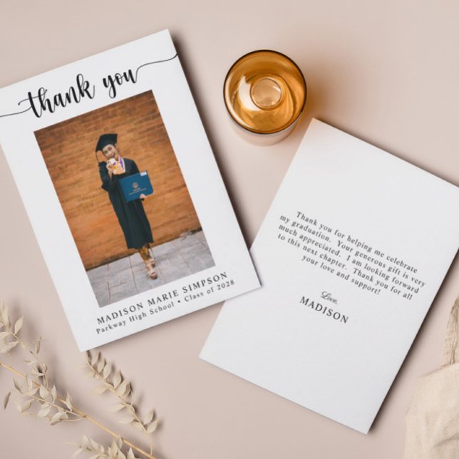 Cartão De Agradecimento Graduação de Foto de Script Elegante (Criador carregado)