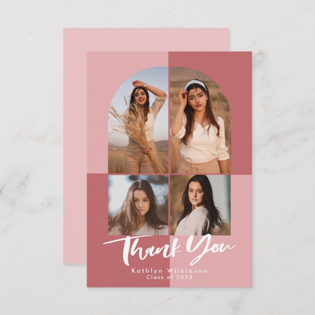 Cartão De Agradecimento Graduação de Foto Elegante de Arco Rosa 4 Rosa (Frente/Verso)