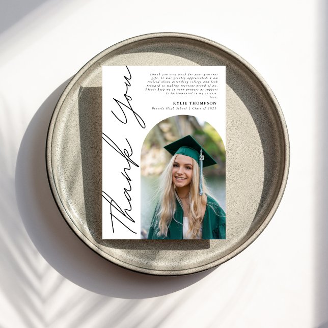 Cartão De Agradecimento Graduação de Foto em Arco Casual Moderno Preto (Criador carregado)