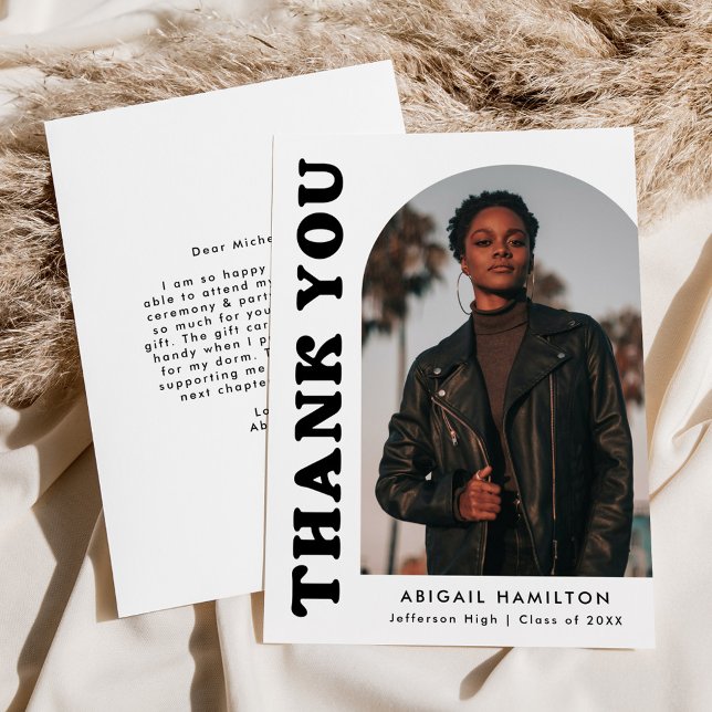 Cartão De Agradecimento Graduação de Foto em Arco Offset Branco e Preto (Criador carregado)