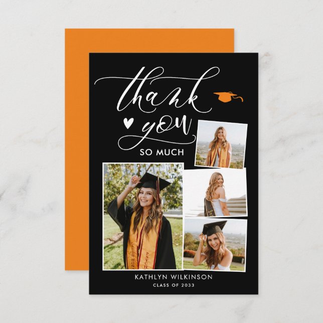 Cartão De Agradecimento Graduação de Foto em Preto 4 Moderno com Script El (Frente/Verso)