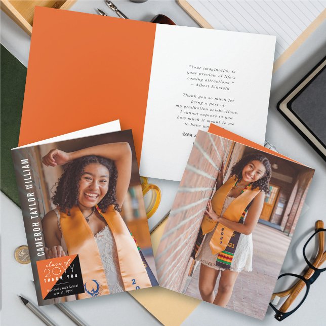 Cartão De Agradecimento Graduação de Foto em Quadrado Mínimo Moderno (Modern Minimalist Orange Split Square Photo Graduation Thank You Card @ zazzle.com/color_therapy)