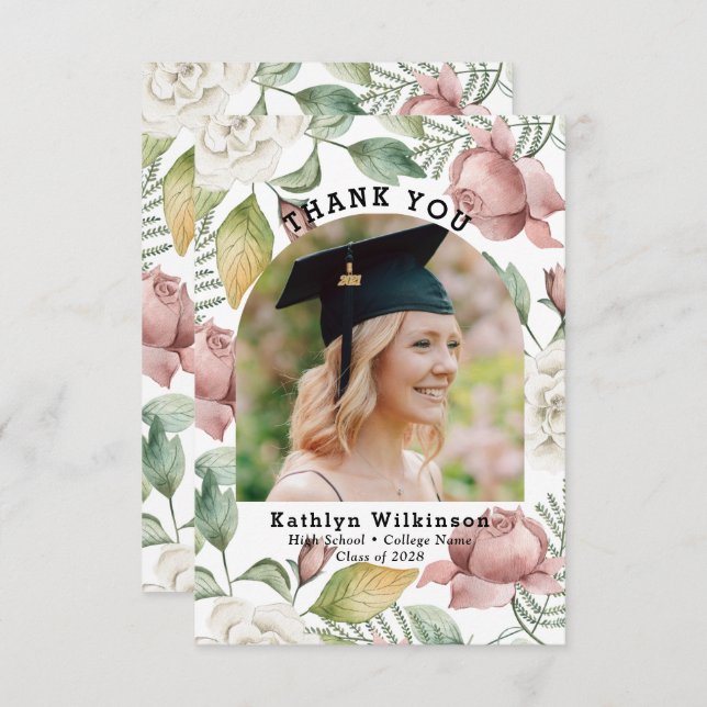 Cartão De Agradecimento Graduação de Foto Floral Elegante Rosa Obrigado (Frente/Verso)