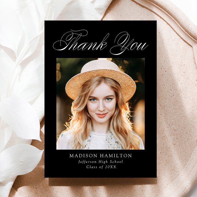 Cartão De Agradecimento Graduação de Foto Negra para Caligrafia Elegante (Criador carregado)