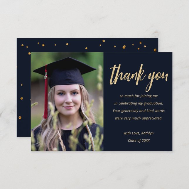 Cartão De Agradecimento Graduação de Foto Personalizada com Glitter Dourad (Frente/Verso)