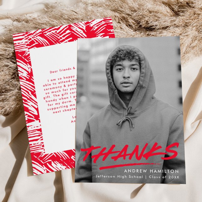 Cartão De Agradecimento Graduação de Foto Vermelha Moderna Dash (Criador carregado)