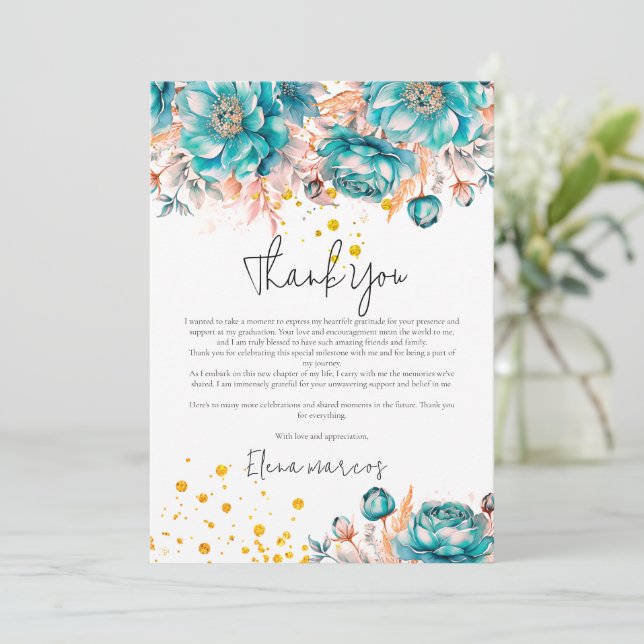 Cartão De Agradecimento Graduação de fotobbotânica com brilho Dourado (Em pé/Frente)