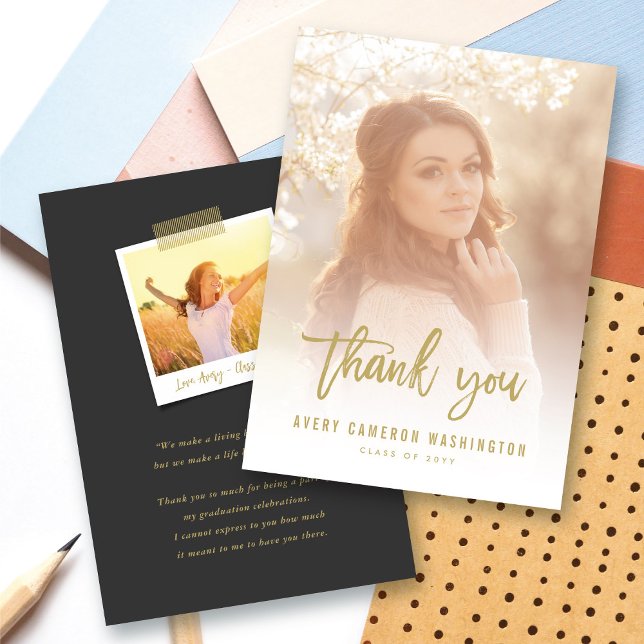 Cartão De Agradecimento Graduação de Fotografias com Script de Pincel Dour (Gold Brushed Script Calligraphy Photo Modern Graduation Thank You Card @ zazzle.com/color_therapy)