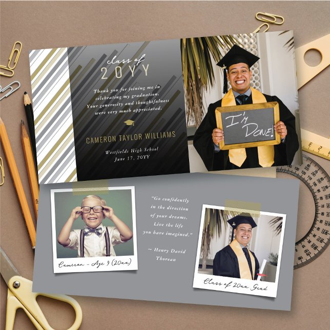 Cartão De Agradecimento Graduação de Fotografias com Stripes de Cinza Dour (Modern Gold & Grey Preppy Stripes Photo Classic Graduation Thank You Card @ zazzle.com/color_therapy)