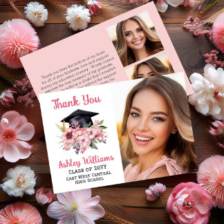 Cartão De Agradecimento Graduação de Fotos - Boné e Florais Rosa 3