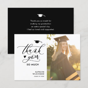 Cartão De Agradecimento Graduação de Fotos com Script Elegante Preto Minim