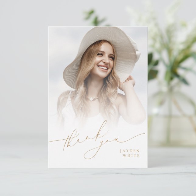 Cartão De Agradecimento Graduação de Fotos de Script Chic Moderno Minimali (Em pé/Frente)