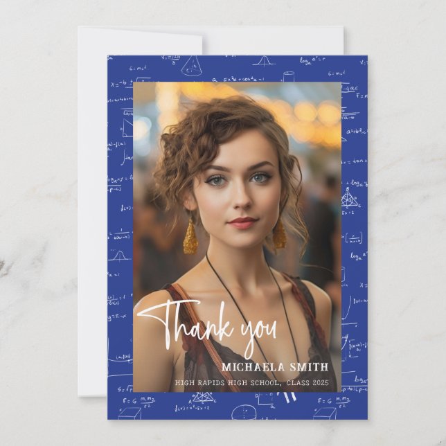 Cartão De Agradecimento Graduação de Fotos de Script de Matemática Azul Mo (Frente)