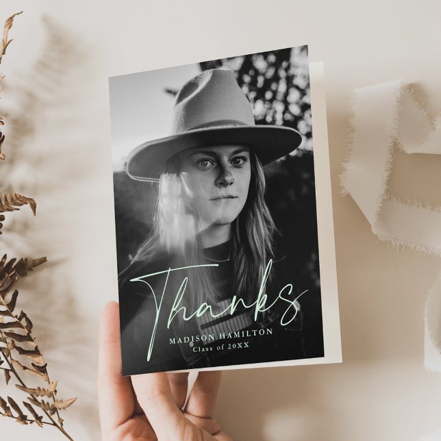 Cartão De Agradecimento Graduação de Fotos de Script Verde de na moda Mint (Criador carregado)