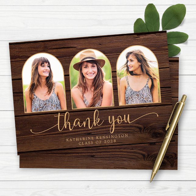 Cartão De Agradecimento Graduação de Fotos do Arch 3 Dourado de Madeira Rú (Rustic Wood Gold Arch 3 Photo Graduation Thank You Card)