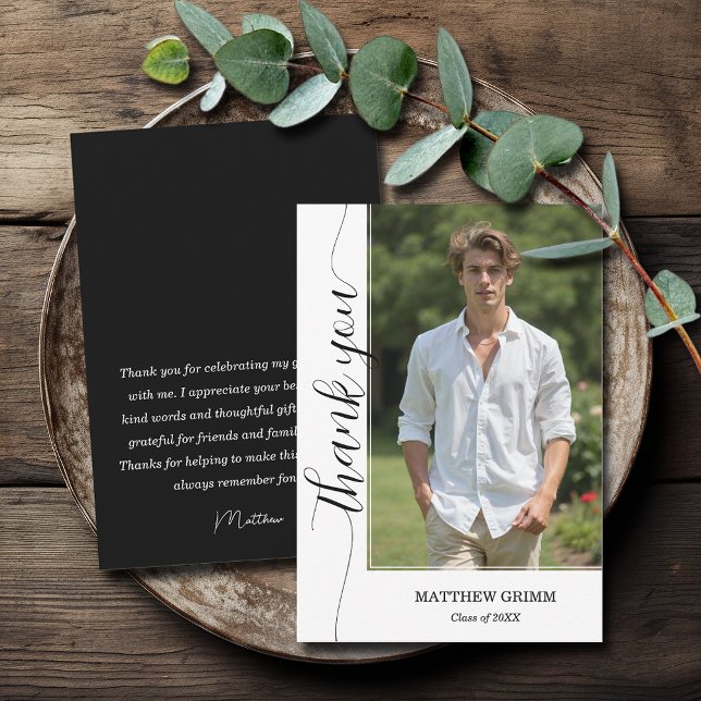 Cartão De Agradecimento Graduação de Fotos do Script de Tendy (3.5" x 5" trendy script photo graduation flat thank you cards with your message on the back)
