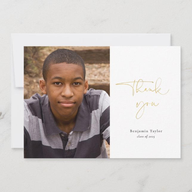 Cartão De Agradecimento Graduação de Fotos Dourada de Script Casual Obriga (Frente)