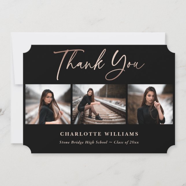 Cartão De Agradecimento Graduação de Fotos Elegante Dourada a preto e Rosa (Frente)