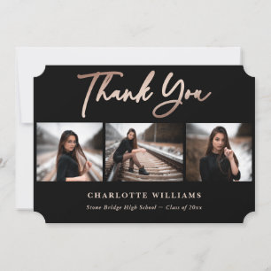 Cartão De Agradecimento Graduação de Fotos Elegante Dourada a preto e Rosa