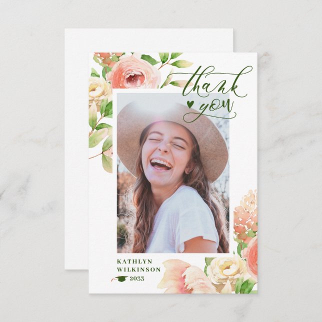 Cartão De Agradecimento Graduação de Fotos Elegante Rosa Rosa Rosa Floral  (Frente/Verso)