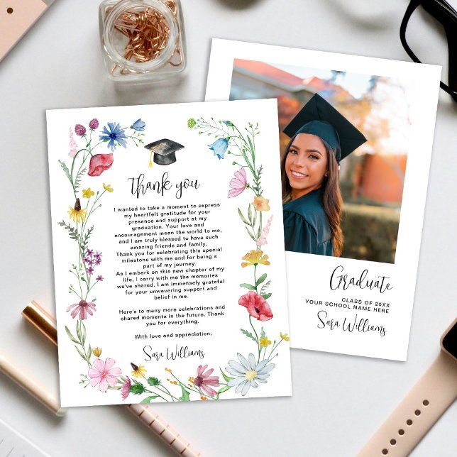 Cartão De Agradecimento Graduação de Fotos em Flores Selvagens Obrigado (Criador carregado)