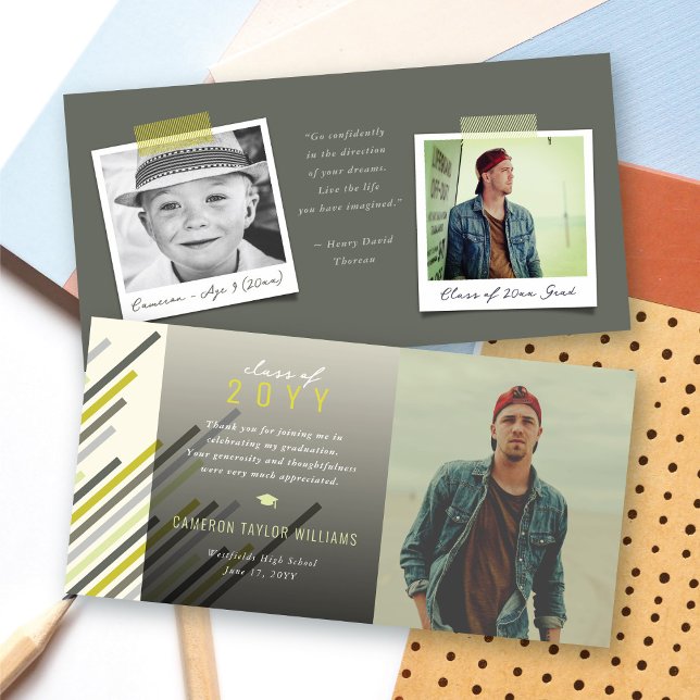 Cartão De Agradecimento Graduação de Fotos em Stripes Verdes de Cinza Mode (Modern Stylish Gray & Green Diagonal Stripes Photo, Double Sided Graduation Thank You Card @ Zazzle)