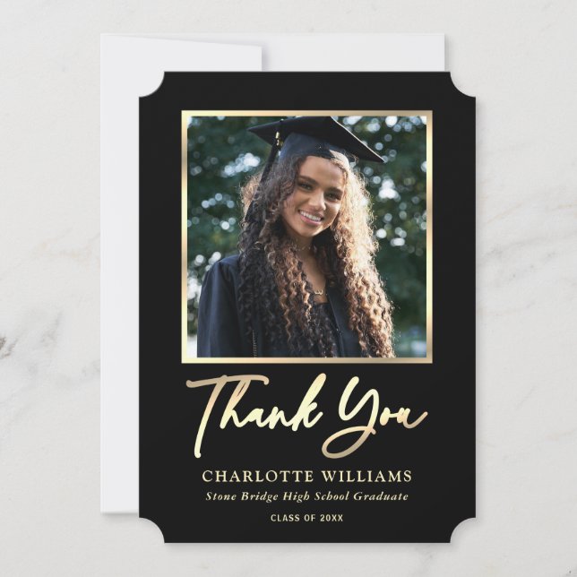 Cartão De Agradecimento Graduação de Fotos Moderna Preta Dourada com Scrip (Frente)