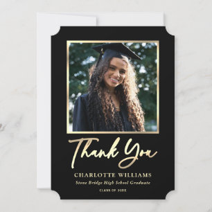 Cartão De Agradecimento Graduação de Fotos Moderna Preta Dourada com Scrip