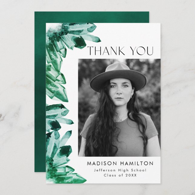 Cartão De Agradecimento Graduação de Fotos por Cristais de Aquarela Verde  (Frente/Verso)