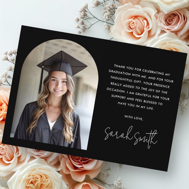 Cartão De Agradecimento Graduação de fotos pretas clássicas de arco elegan (Elegant arch simple classic black photo graduation thank you card)