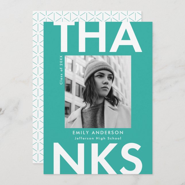 Cartão De Agradecimento Graduação de Fotos Turquoise de Formando Negrito (Frente/Verso)