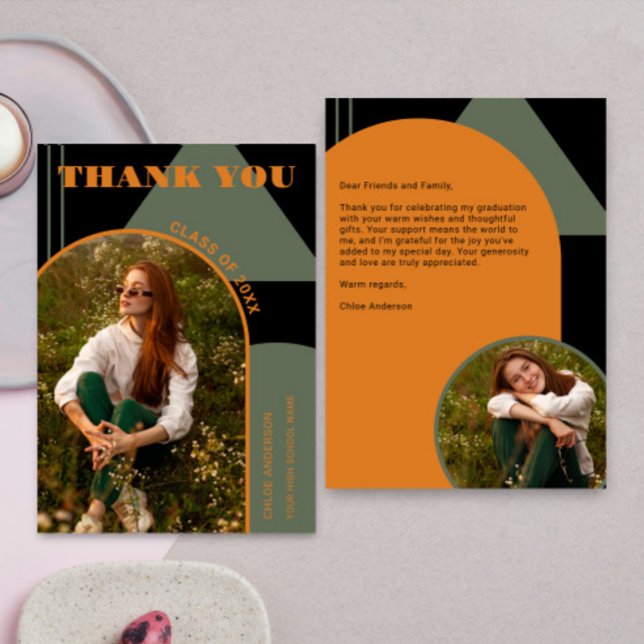 Cartão De Agradecimento Graduação de Fotos Verde e Laranja 2 na Arca Retro (Criador carregado)