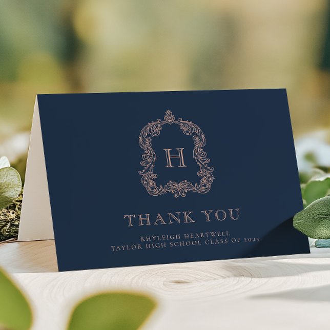 Cartão De Agradecimento Graduação de Marinho Azul de Rosa de de Monograma  (Criador carregado)