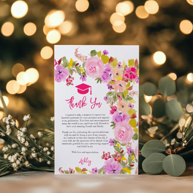 Cartão De Agradecimento Graduação de primavera de rosas rosa boêmicas (Bohemian pink roses wildflowers spring graduation thank you card)
