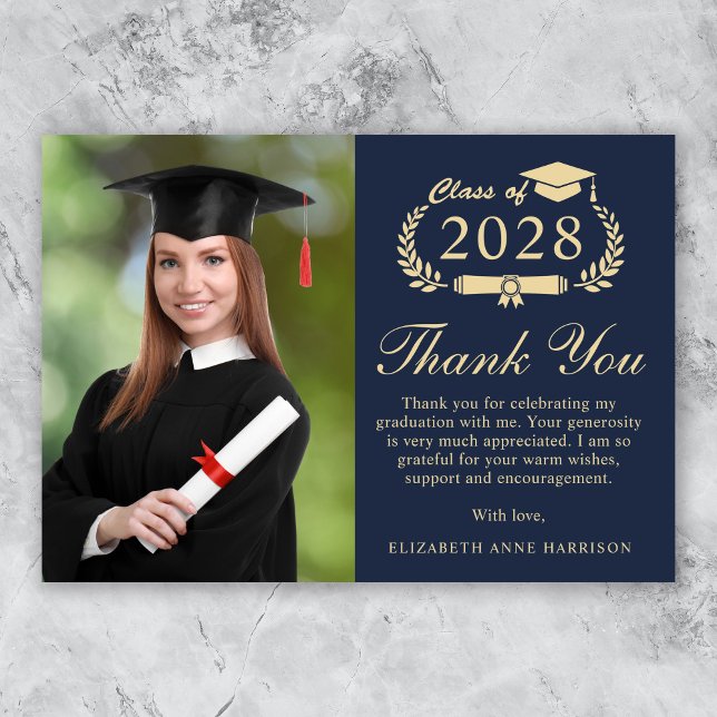 Cartão De Agradecimento Graduação Dourada Azul de Foto de Script Elegante (An elegant photo graduation thank you card to show gratitude to friends and family for their support)