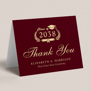 Cartão De Agradecimento Graduação Dourada Burgundy do Script Elegante