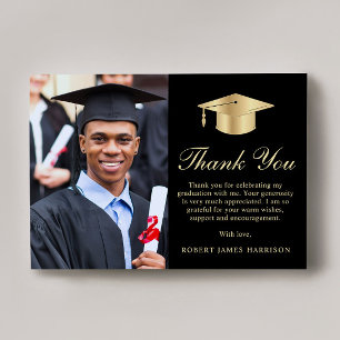 Cartão De Agradecimento Graduação Dourada de Foto de Script Elegante