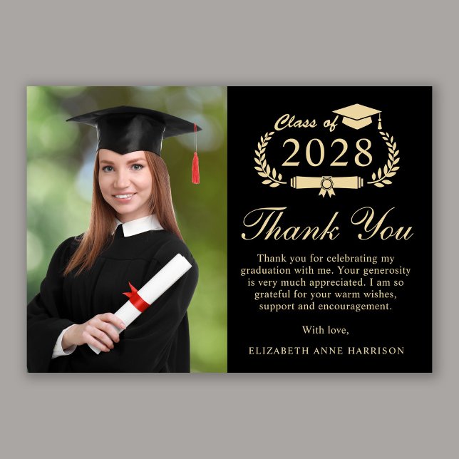 Cartão De Agradecimento Graduação Dourada de Foto de Script Elegante (An elegant photo graduation thank you card to show gratitude to friends and family for their support)