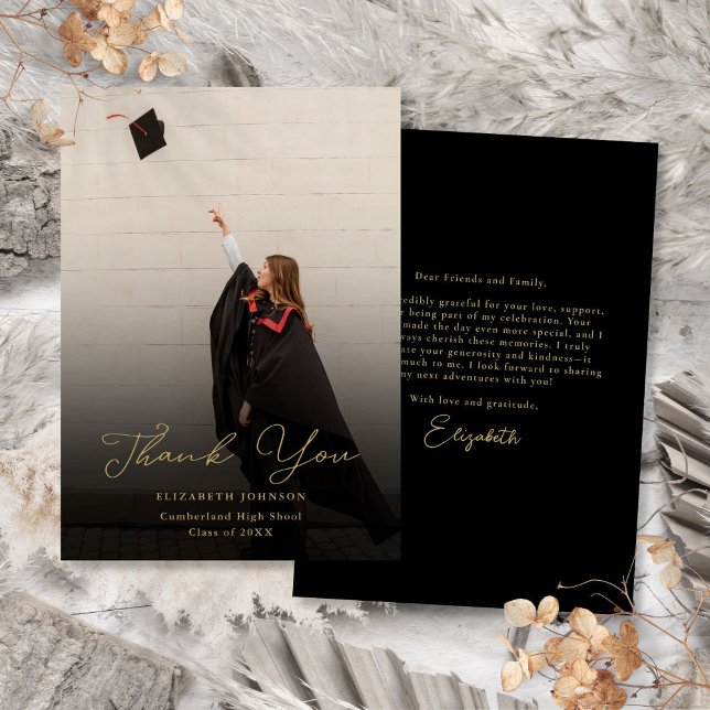 Cartão De Agradecimento Graduação Elegante De Fotos Preta E Dourada (Black And Gold Elegant Photo Script Graduation Thank You Card)