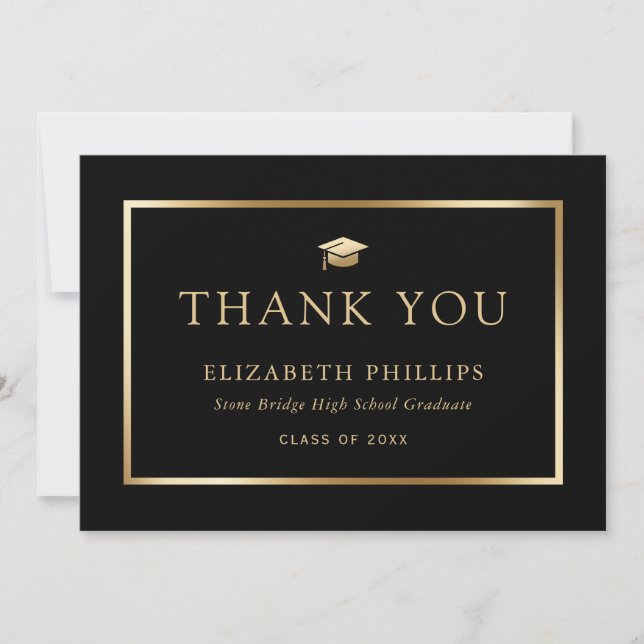Cartão De Agradecimento Graduação Elegante Preta e Dourada (Frente)