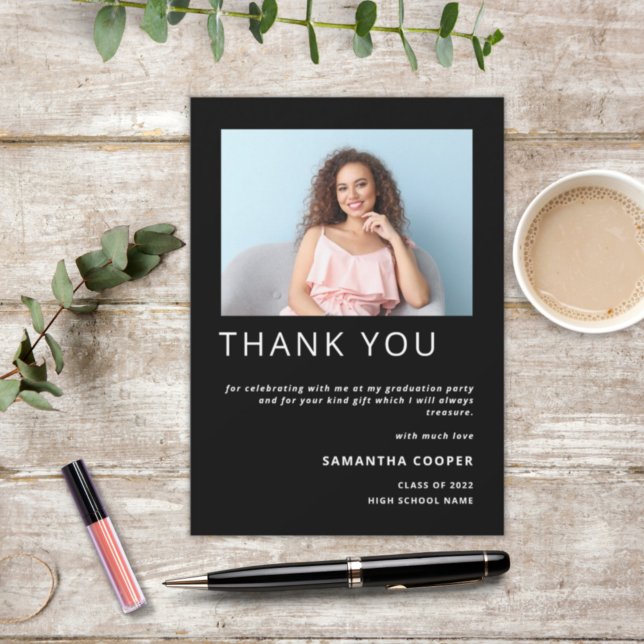 Cartão De Agradecimento Graduação em Foto Moderna - Preto para 2022 Obriga (Criador carregado)