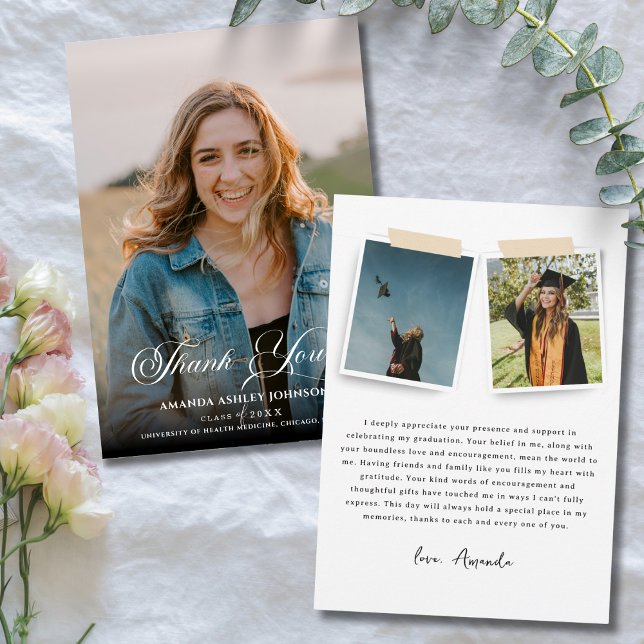 Cartão De Agradecimento Graduação em preto branco de foto (Criador carregado)