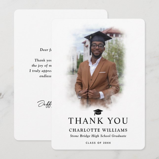 Cartão De Agradecimento Graduação em preto e branco de fotos modernas (Frente/Verso)
