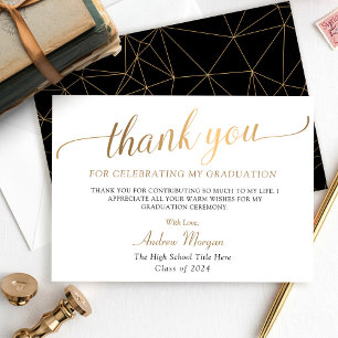 Cartão De Agradecimento Graduação em preto e branco de Script Dourado mo