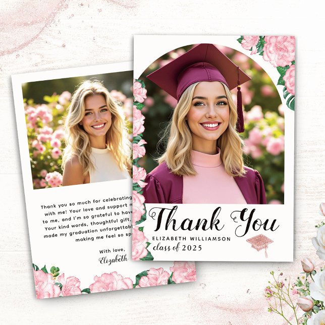 Cartão De Agradecimento Graduação Floral Branca e Rosa de Foto de Arch Ele (Criador carregado)