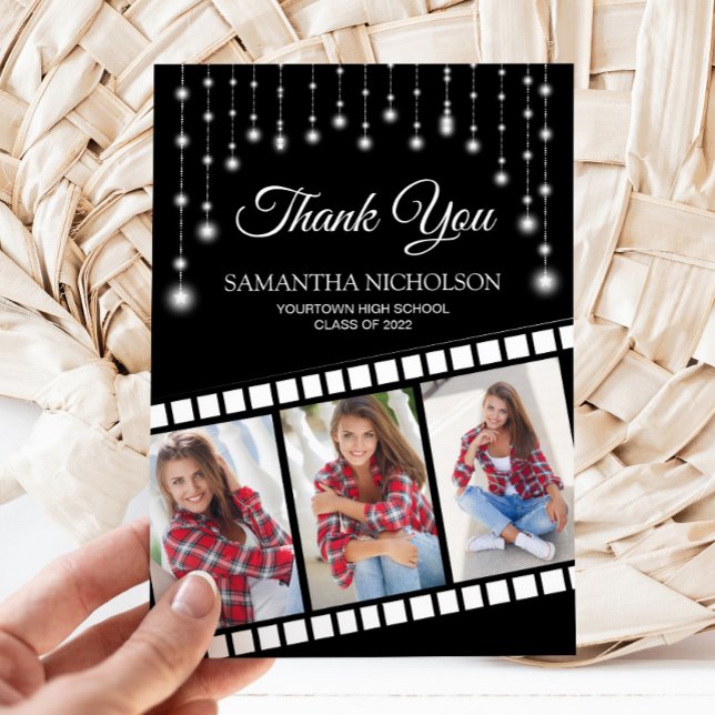 Cartão De Agradecimento Graduação Foto Filme Reel Cinema Star Obrigado (Black and silver glitter graduation filmstrip 3-photo Thank you card)