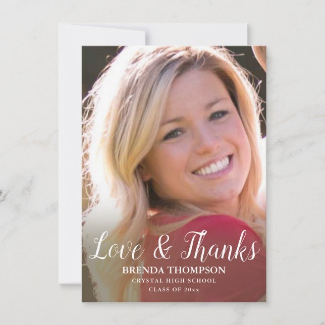 Cartão De Agradecimento Graduação Foto White Script de Amor e Obrigados (Frente)