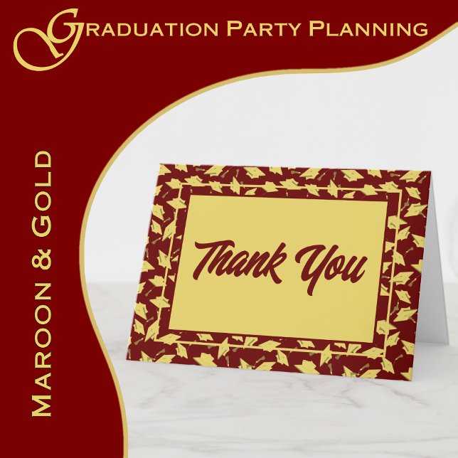 Cartão De Agradecimento Graduação Maroon e Festa Dourada Obrigado (A maroon and gold color scheme brings elegance to your graduation party.  www.greencarbon2112.com)