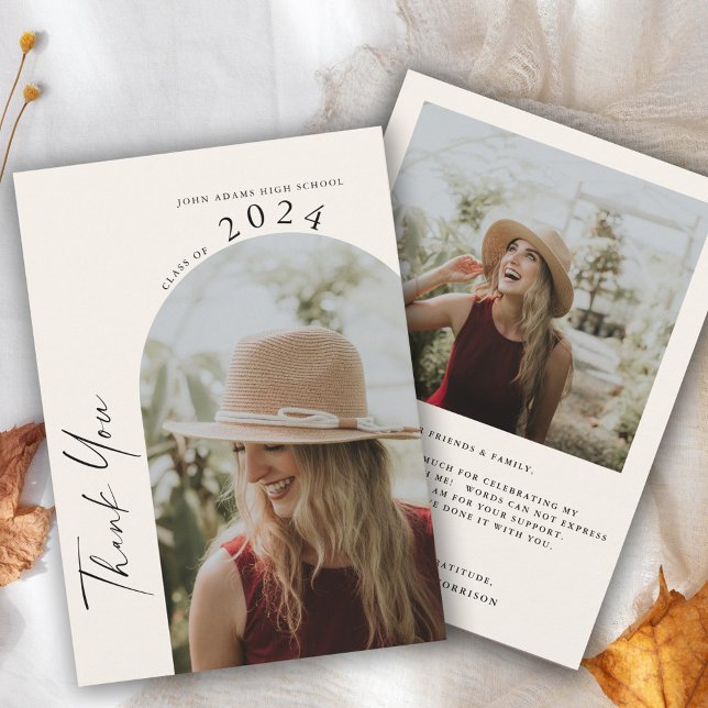 Cartão De Agradecimento Graduação mínima moderna de duas fotos no bege (Criador carregado)