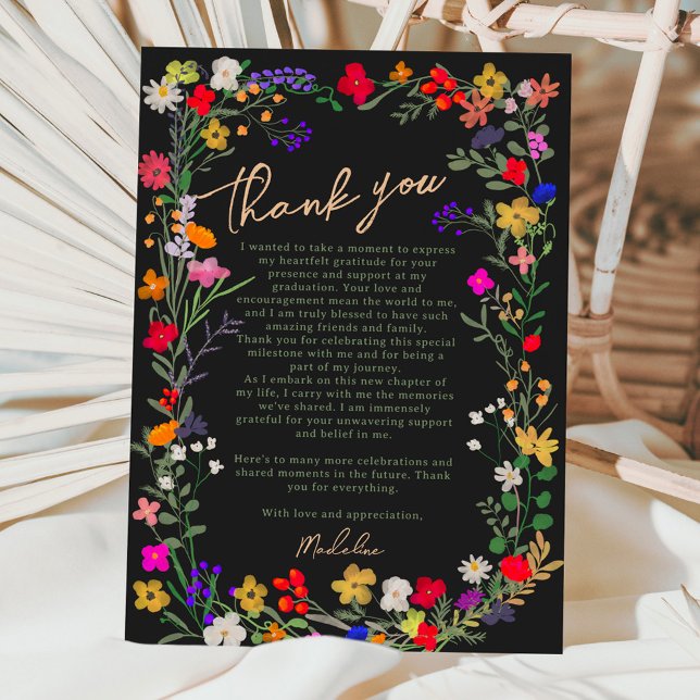 Cartão De Agradecimento Graduação moderna de flores silvestres brilhantes  (Modern chic boho bright wild flowers graduation thank you card black)